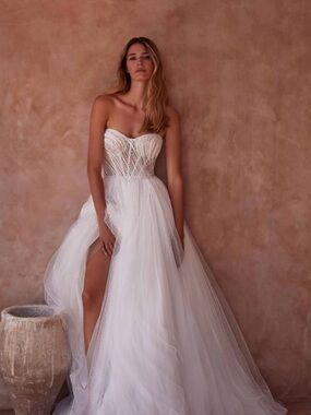 MillaNova Strapless White Tulle Gown with Beaded Bodice